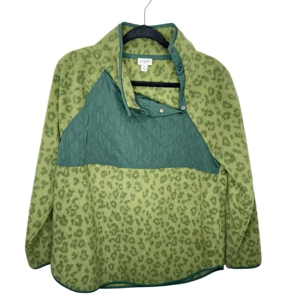 J. CREW / green leopard cheetah quilted button-neck sherpa tunic fleece / M